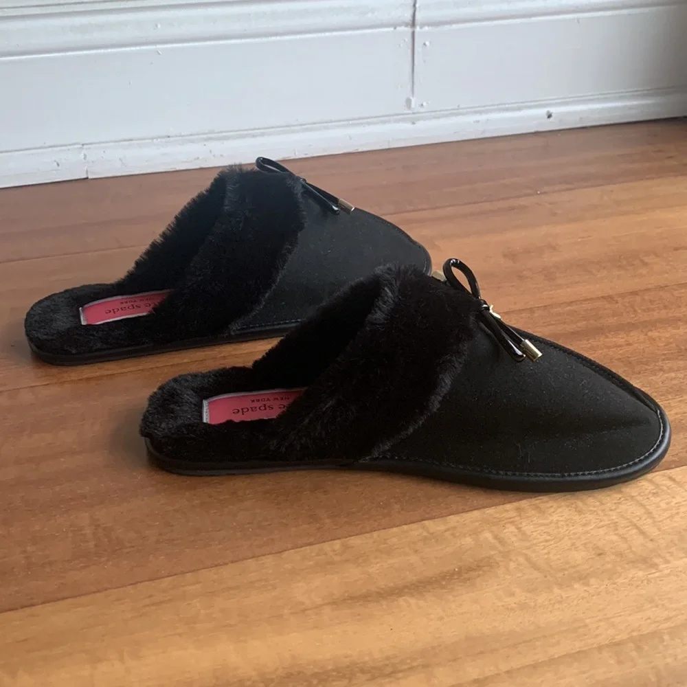 Kate Spade Lacey Textile Faux Fur Slippers Black 7B (US) 37.5 (EU)